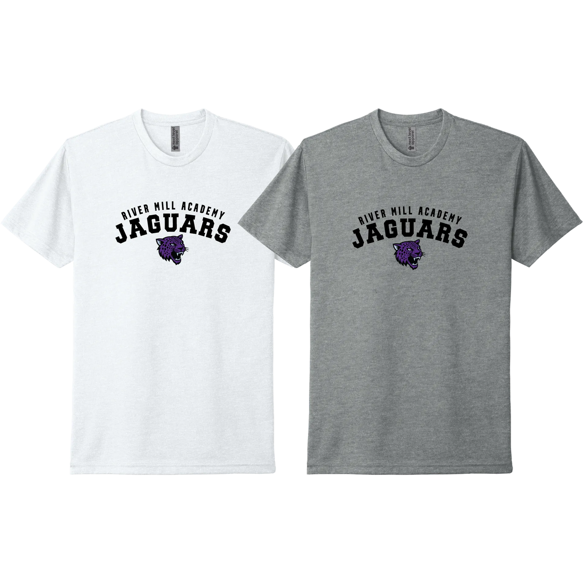 River Mill Academy JAGUARS Arch Tee shown in White · Dark Heather Grey on a white background.