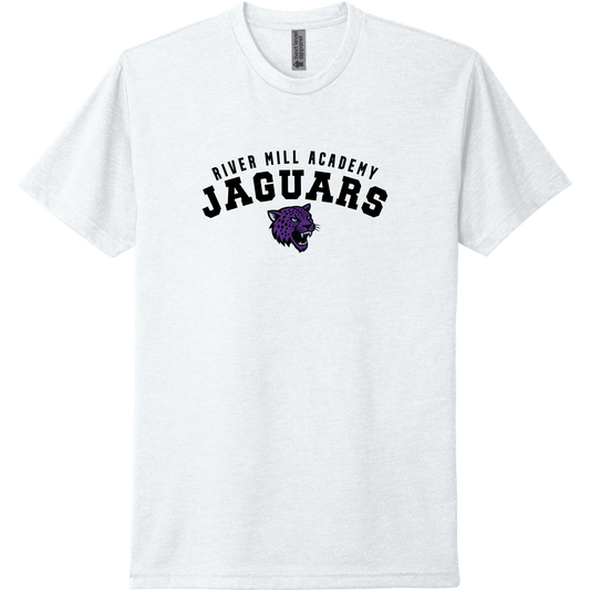 A white short-sleeve tee with a purple arched 'JAGUARS' wordmark with the Jaguar mascot.