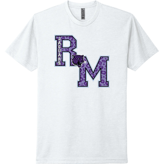 A white t-shirt featuring a purple and white graphic of the letters 'R' and 'M' with a jaguar head logo connecting the two letters. On the left side of the R the Jaguars name sits vertically on the R. This is a classic letterman style design.