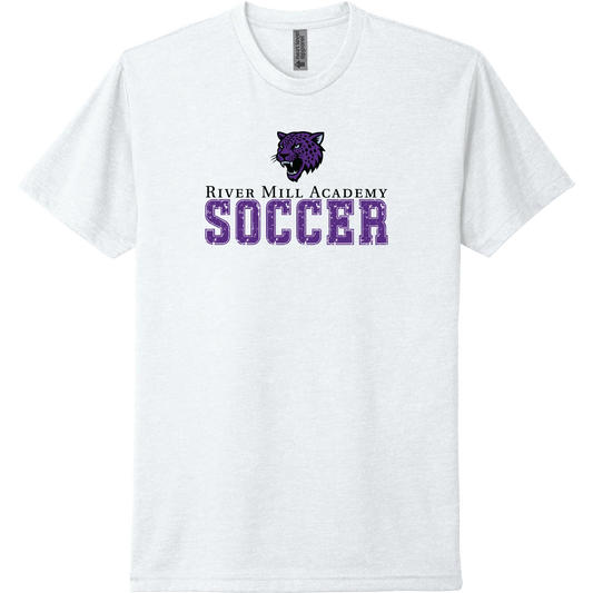 A white short-sleeve tee with a distressed purple River Mill Academy soccer design.