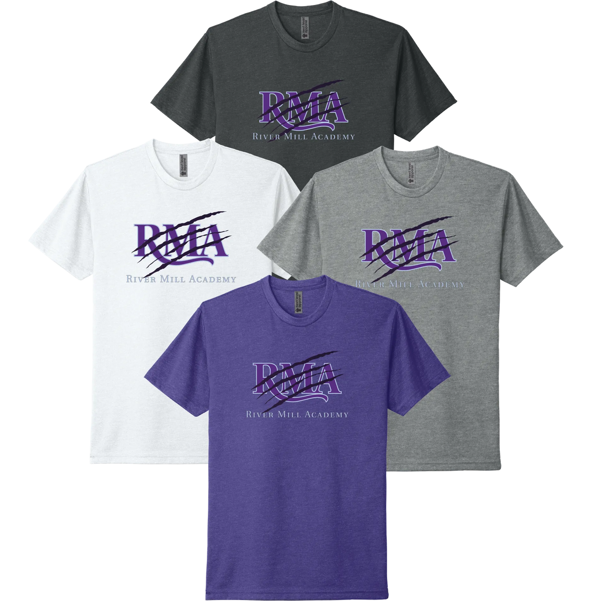 River Mill Academy Jaguars Slash-Through Tee shown in White · Dark Heather Grey · Charcoal on a white background.