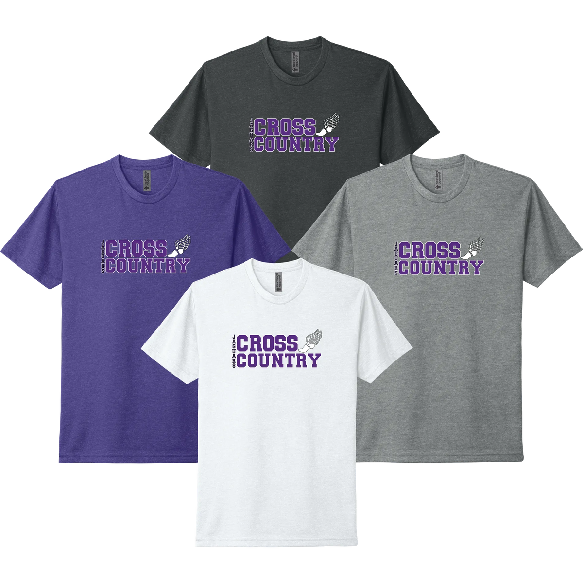 River Mill Academy Cross Country Stack Tee shown in White · Dark Heather Grey · Charcoal on a white background.