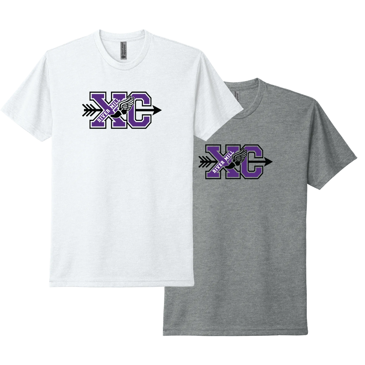 River Mill Academy Cross Country Trail Tee shown in White · Dark Heather Grey on a white background.