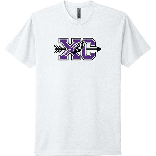 A white short-sleeve tee with a purple River Mill Academy cross country design.