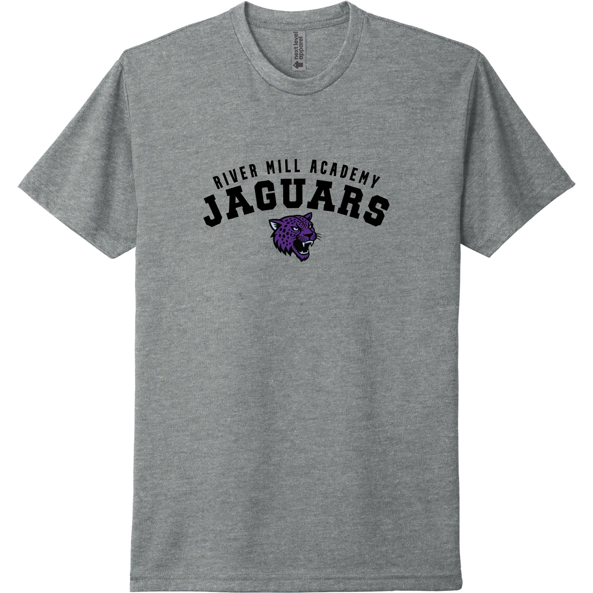 A dark heather grey short-sleeve tee with a purple arched 'JAGUARS' wordmark with the Jaguar mascot.