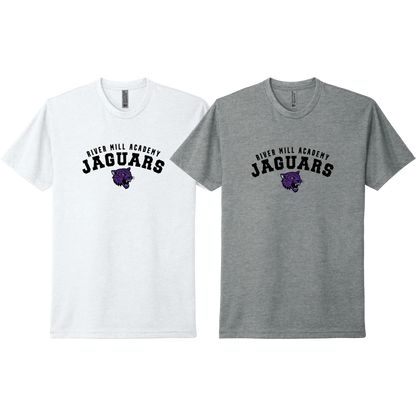 River Mill Academy JAGUARS Arch Tee shown in White · Dark Heather Grey on a white background.