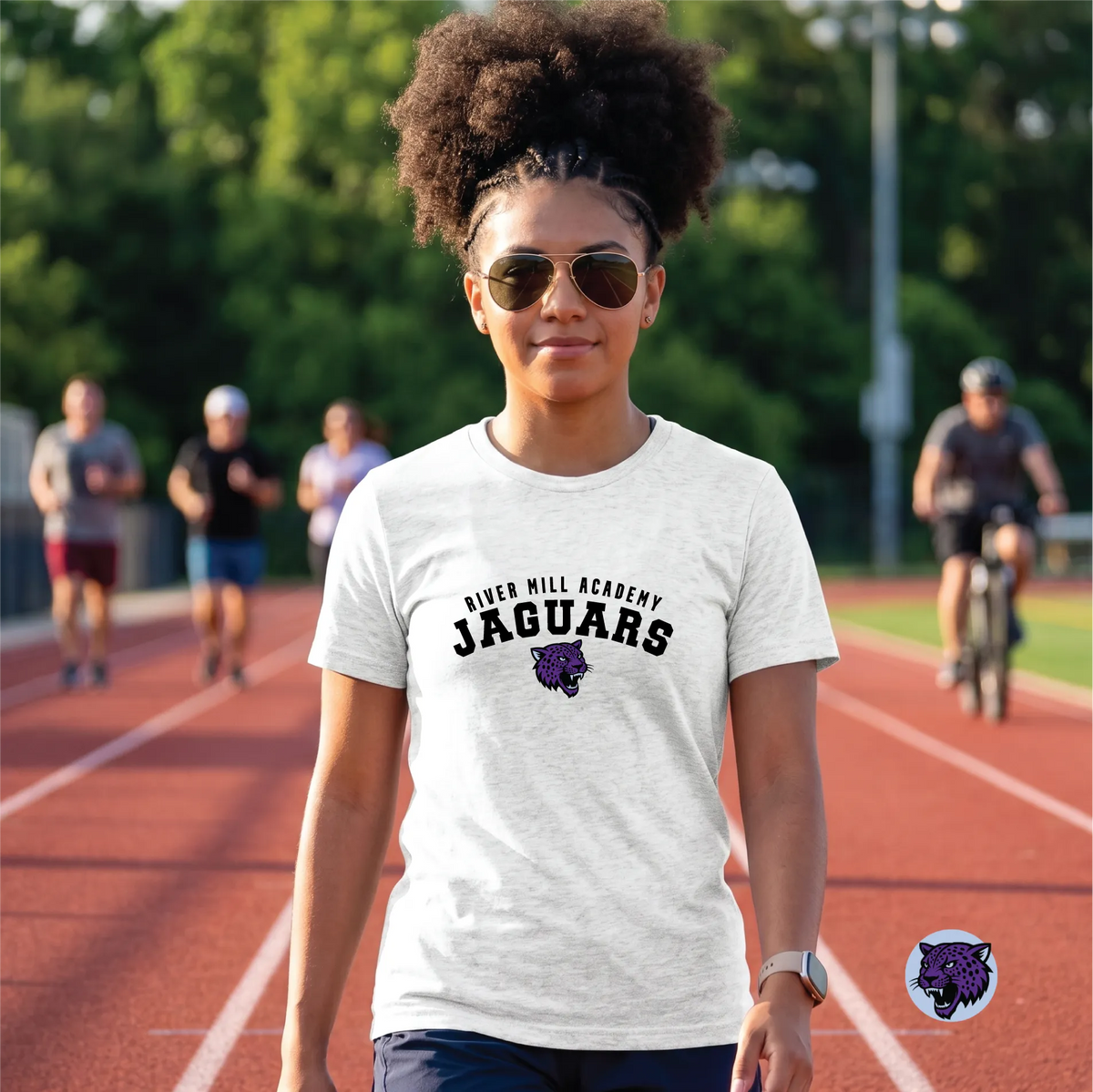 A model wearing the River Mill Academy JAGUARS Arch Tee.