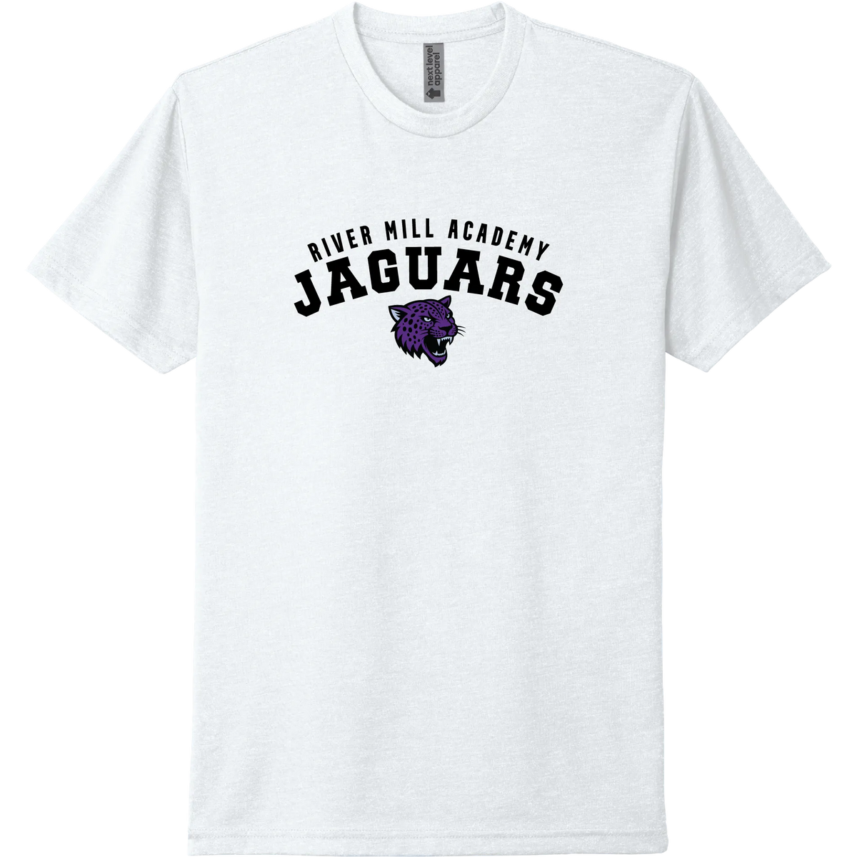 A white short-sleeve tee with a purple arched 'JAGUARS' wordmark with the Jaguar mascot.