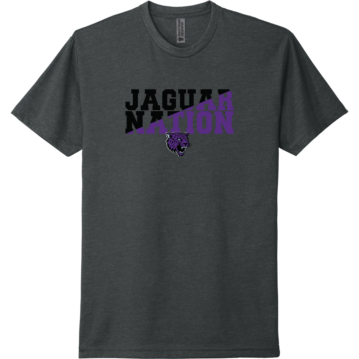 A charcoal short-sleeve tee with a purple 'JAGS Nation' River Mill Academy design.