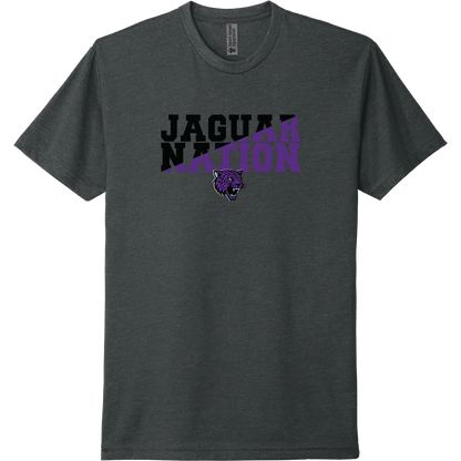 A charcoal short-sleeve tee with a purple 'JAGS Nation' River Mill Academy design.
