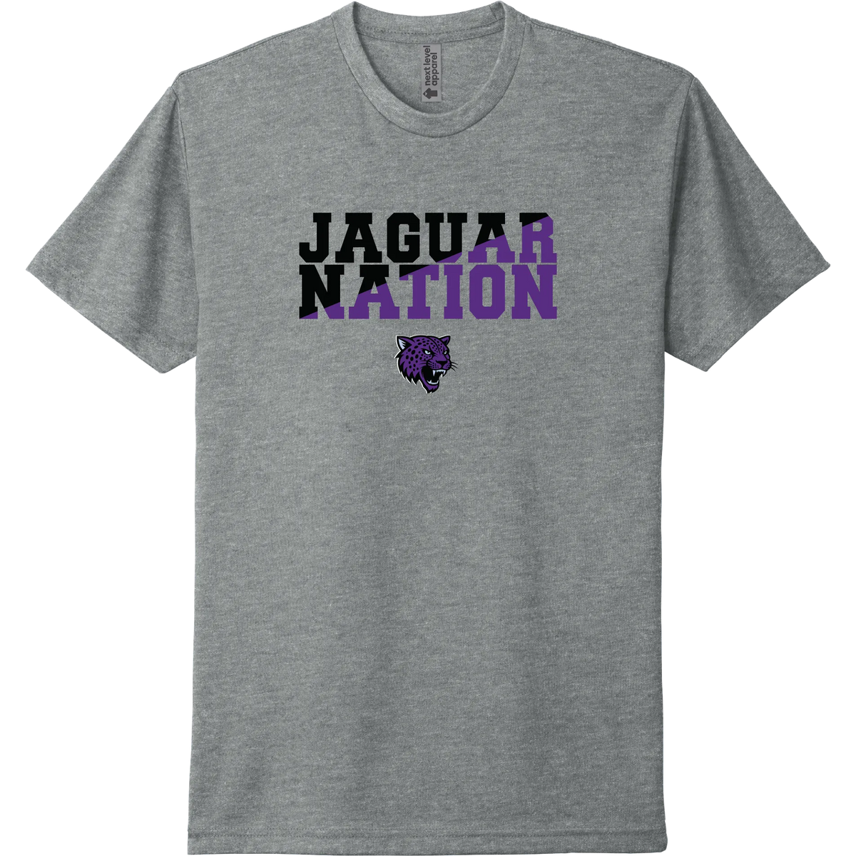 A dark heather grey short-sleeve tee with a purple 'JAGS Nation' River Mill Academy design.