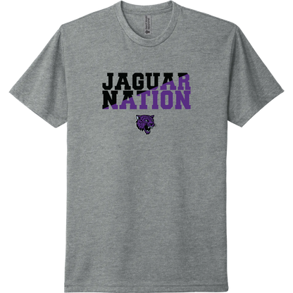 A dark heather grey short-sleeve tee with a purple 'JAGS Nation' River Mill Academy design.