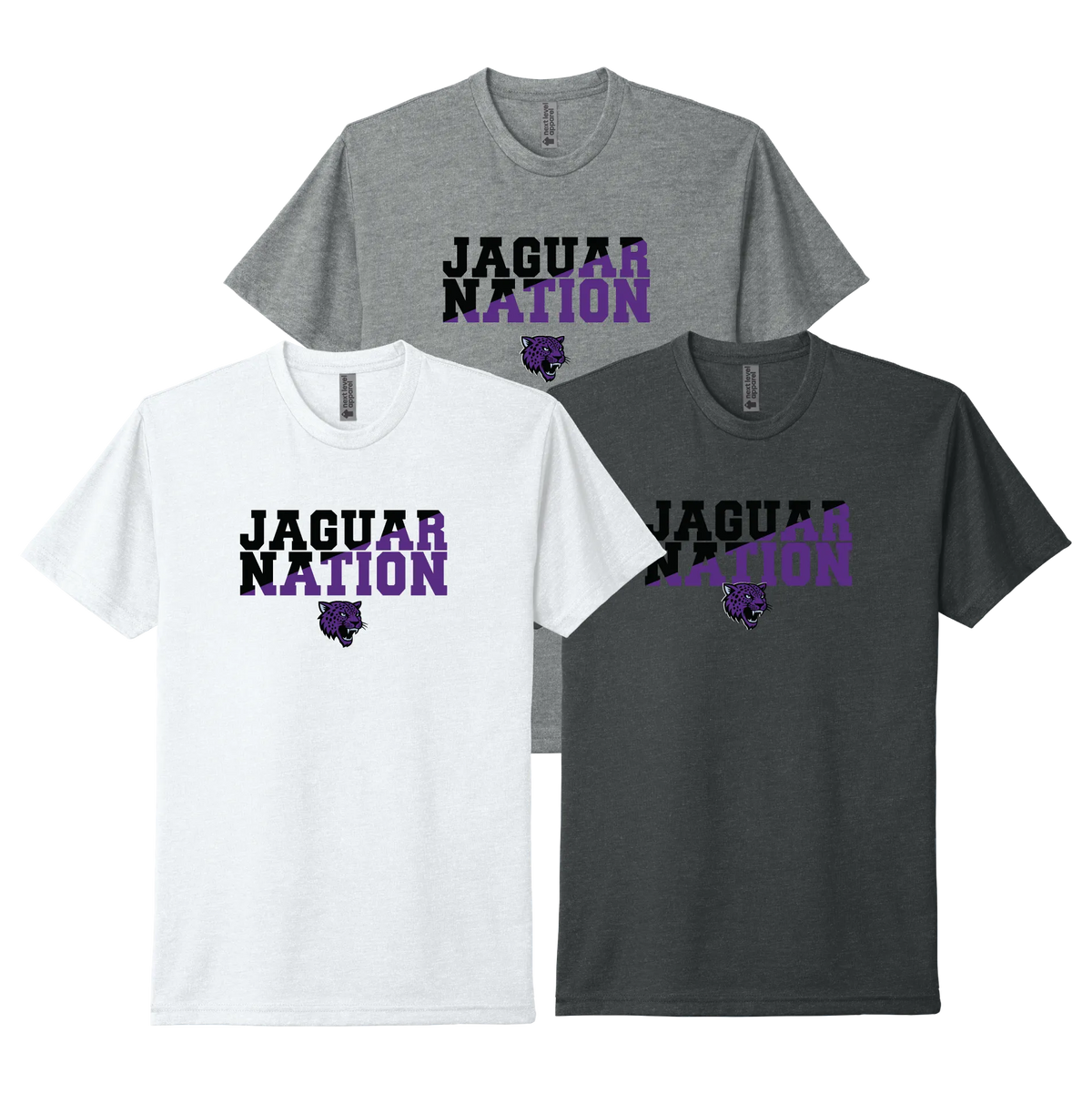 River Mill Academy JAGS Nation Tee shown in White · Dark Heather Grey · Charcoal on a white background.