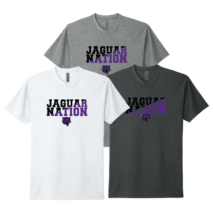River Mill Academy JAGS Nation Tee shown in White · Dark Heather Grey · Charcoal on a white background.