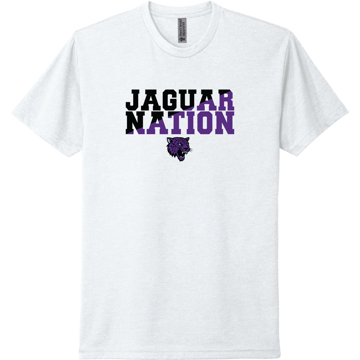 A white short-sleeve tee with a purple 'JAGS Nation' River Mill Academy design.