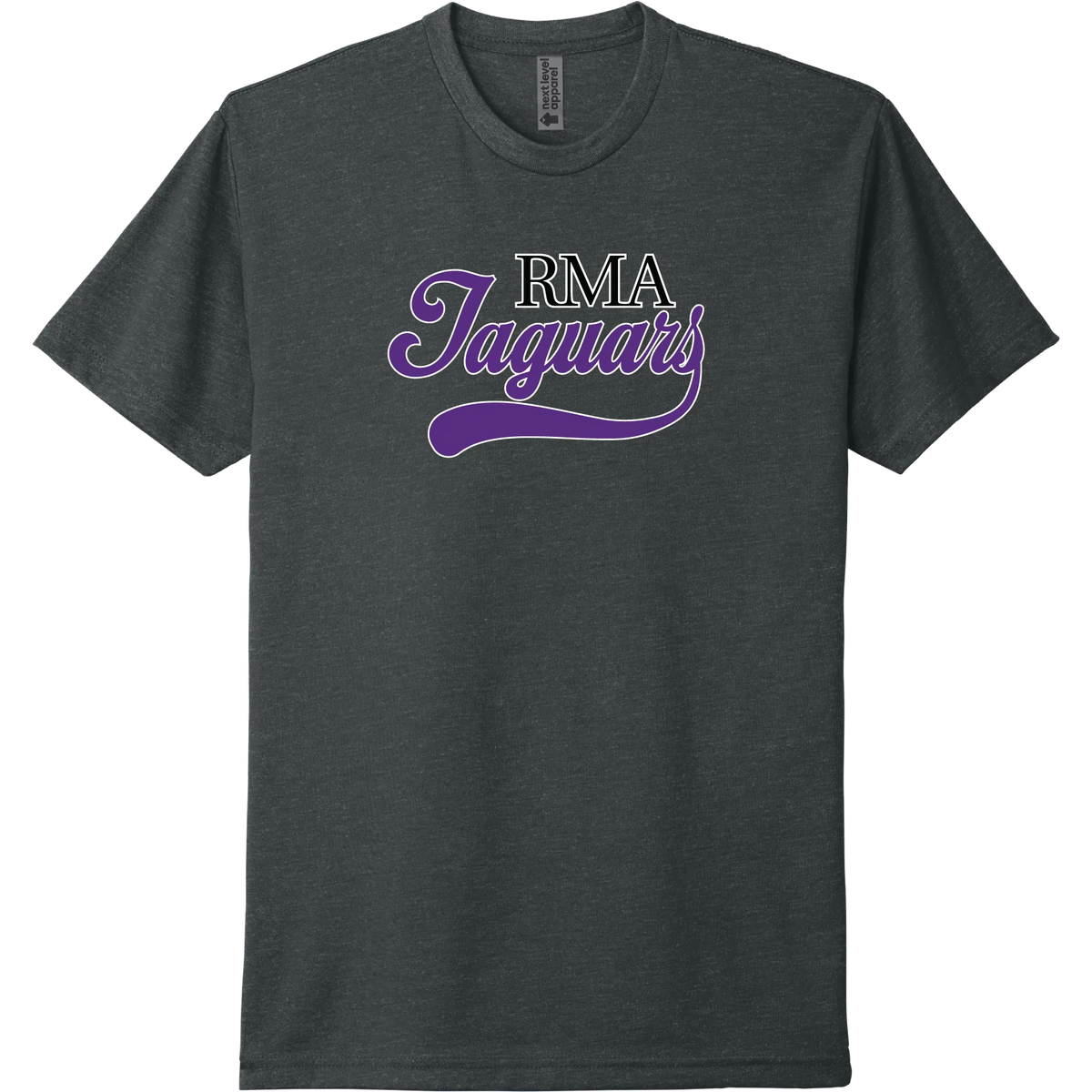 A charcoal short-sleeve tee with a purple collegiate 'JAGUARS' River Mill Academy design.