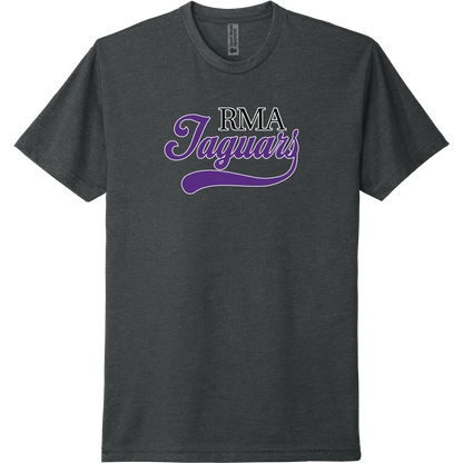 A charcoal short-sleeve tee with a purple collegiate 'JAGUARS' River Mill Academy design.