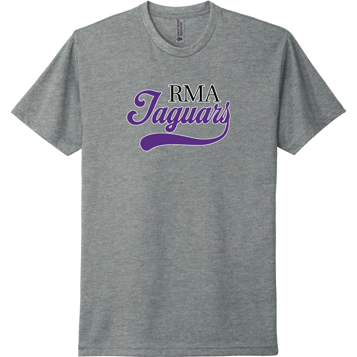 A dark heather grey short-sleeve tee with a purple collegiate 'JAGUARS' River Mill Academy design.