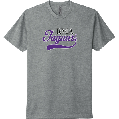 A dark heather grey short-sleeve tee with a purple collegiate 'JAGUARS' River Mill Academy design.