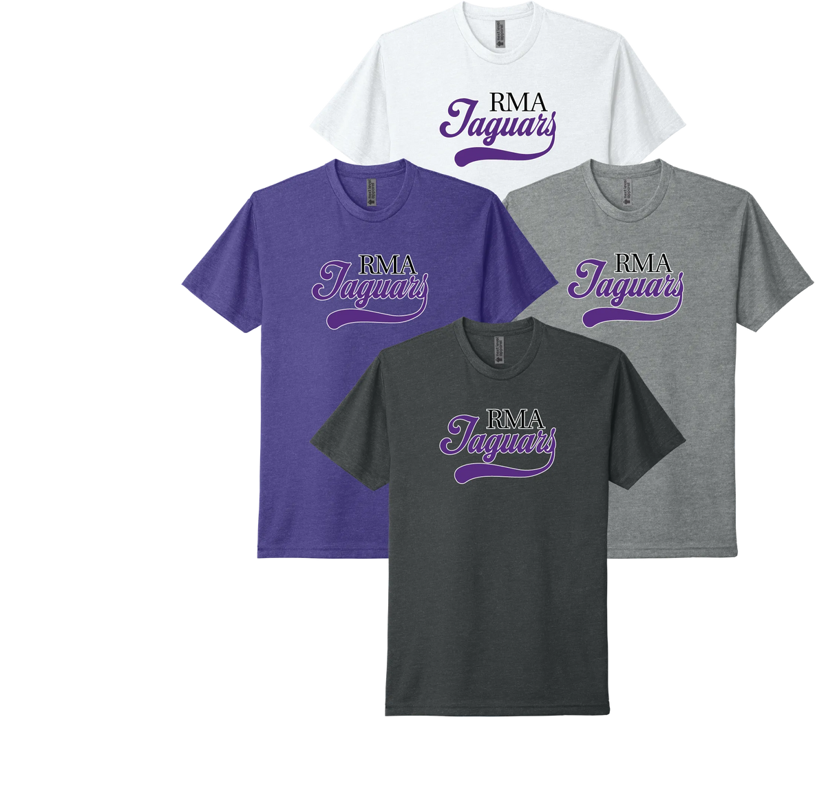 River Mill Academy JAGUARS Classic Tee shown in White · Dark Heather Grey · Charcoal on a white background.