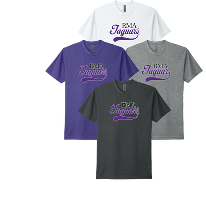 River Mill Academy JAGUARS Classic Tee shown in White · Dark Heather Grey · Charcoal on a white background.