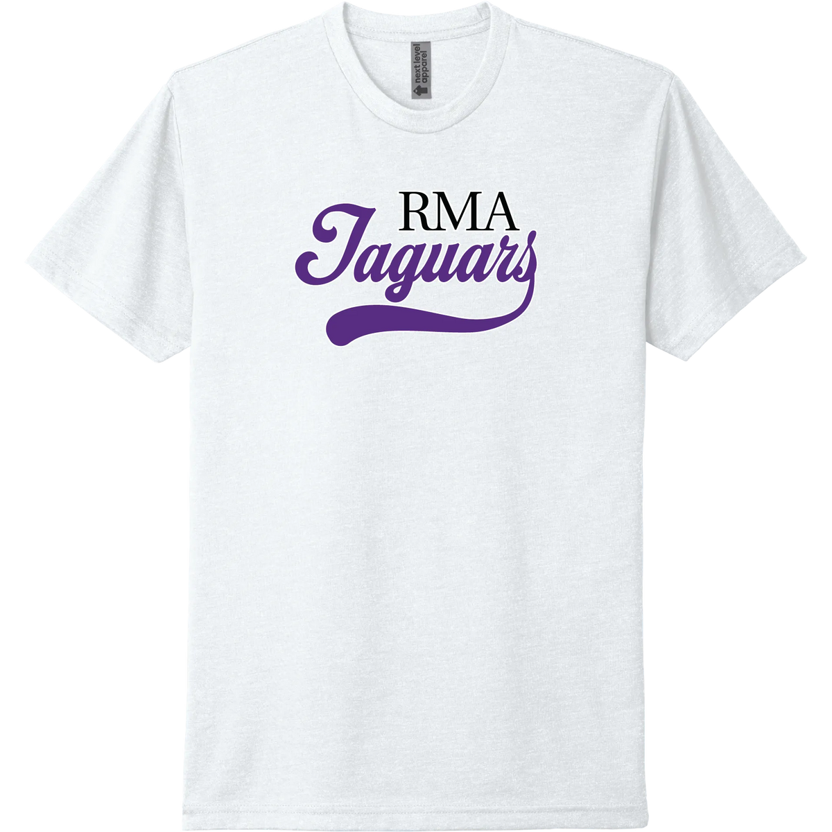 A white short-sleeve tee with a purple collegiate 'JAGUARS' River Mill Academy design.