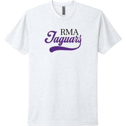 A white short-sleeve tee with a purple collegiate 'JAGUARS' River Mill Academy design.