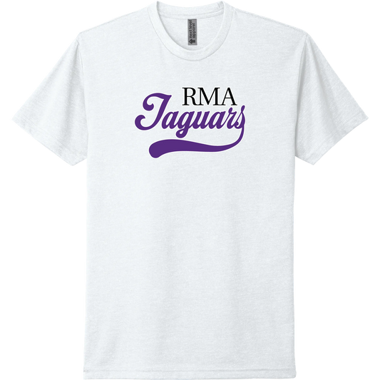 A white short-sleeve tee with a purple collegiate 'JAGUARS' River Mill Academy design.