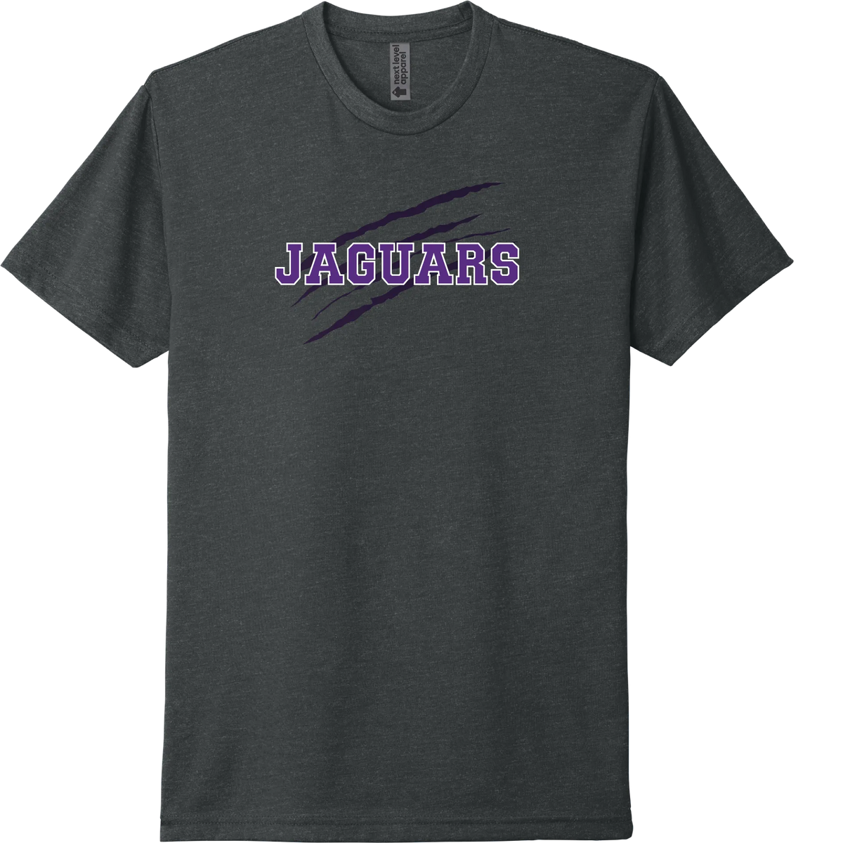 A charcoal short-sleeve tee with a purple 'RM' monogram with a Jaguar claw.