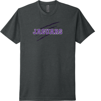 A charcoal short-sleeve tee with a purple 'RM' monogram with a Jaguar claw.