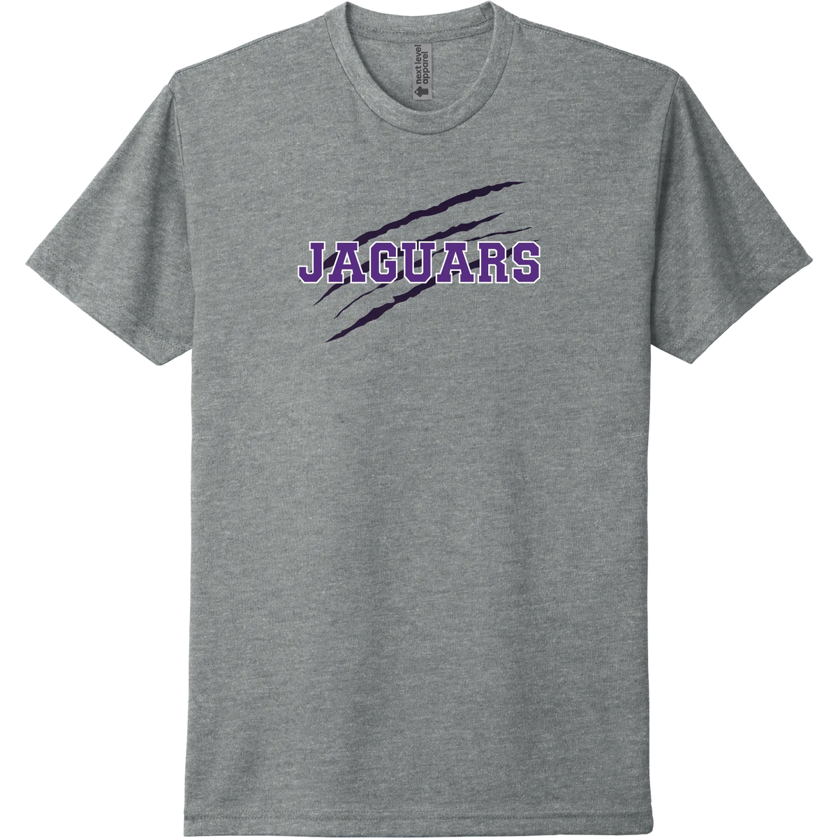 A dark heather grey short-sleeve tee with a purple 'RM' monogram with a Jaguar claw.