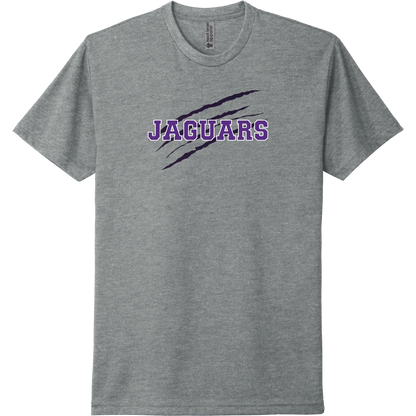 A dark heather grey short-sleeve tee with a purple 'RM' monogram with a Jaguar claw.