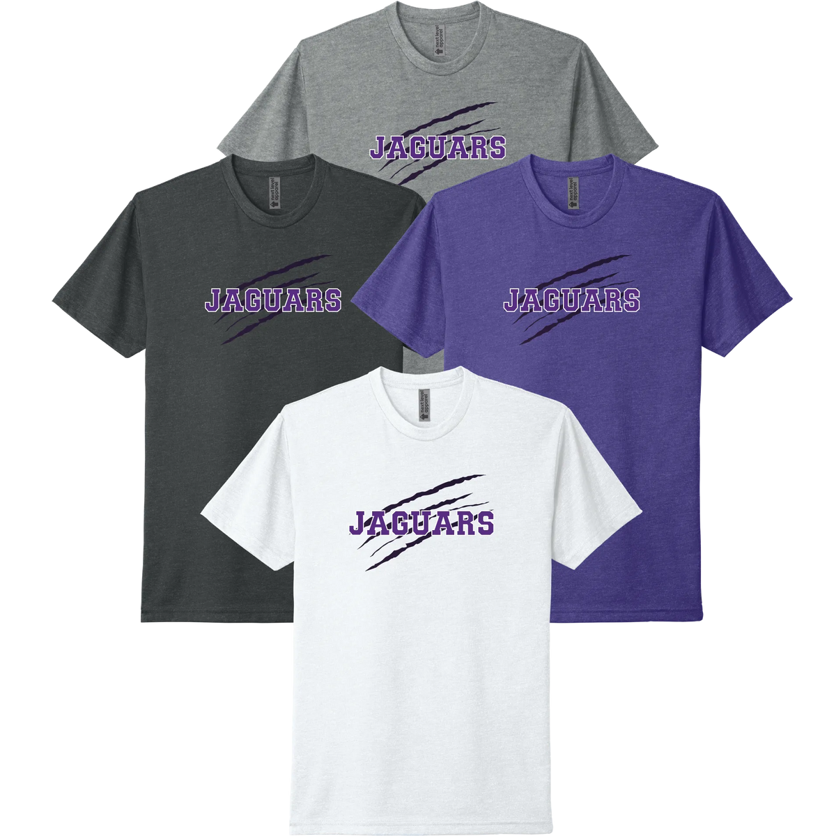 River Mill Academy JAGUARS Claw Tee shown in White · Dark Heather Grey · Charcoal on a white background.