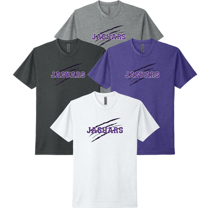 River Mill Academy JAGUARS Claw Tee shown in White · Dark Heather Grey · Charcoal on a white background.