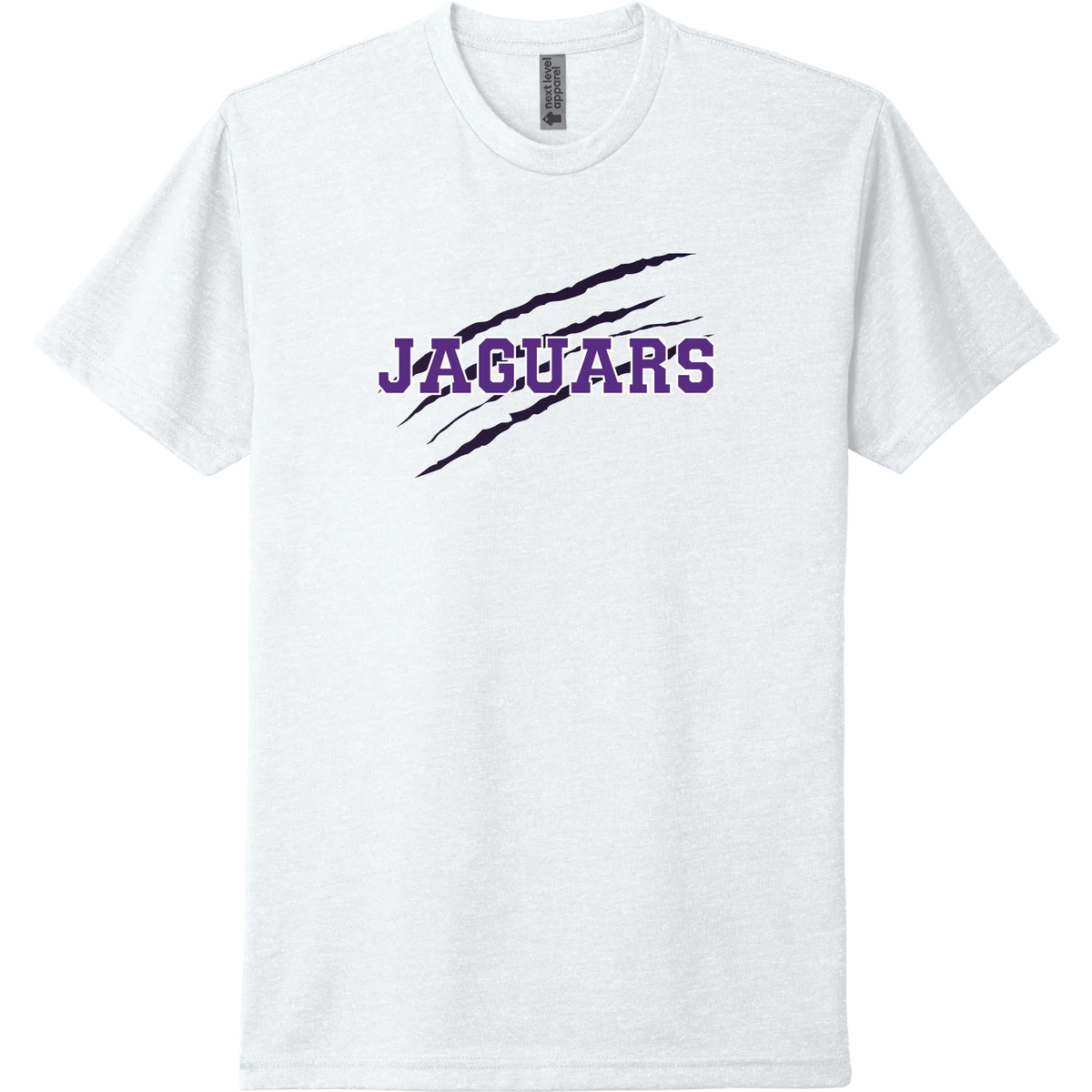 A white short-sleeve tee with a purple 'RM' monogram with a Jaguar claw.