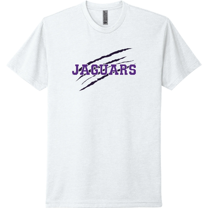 A white short-sleeve tee with a purple 'RM' monogram with a Jaguar claw.