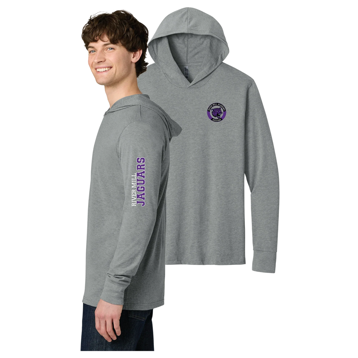 Jaguar Seal and Sleeve Long Sleeve Hoodie in NL Dark Heather Grey — Academy seal on the left chest, RIVER MILL JAGUARS down the sleeve