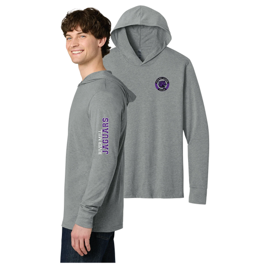 Jaguar Seal and Sleeve Long Sleeve Hoodie in NL Dark Heather Grey — Academy seal on the left chest, RIVER MILL JAGUARS down the sleeve