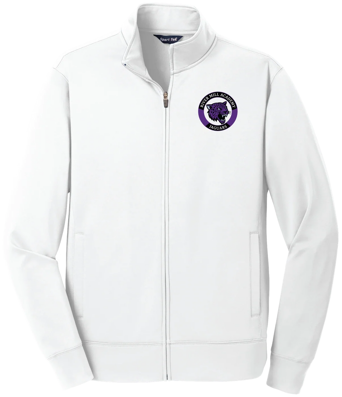 Jaguars Pennant Jacket in White — front, Academy seal on the left chest