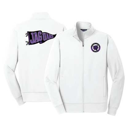 Jaguars Pennant Jacket in White — Academy seal on the left chest, JAGUARS pennant on the back