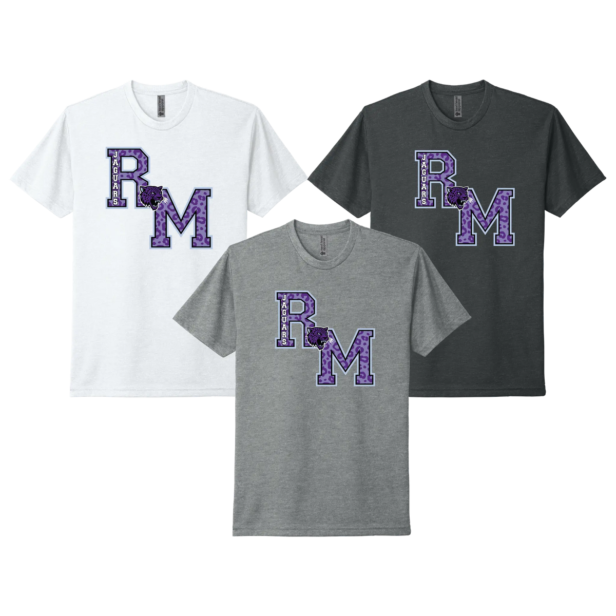 Three short-sleeve crewneck t-shirts shown on a white background: one white, one dark heather gray, and one charcoal, each featuring a large purple 'RM' monogram in collegiate type.  The River Mill Jaguar connects the two letters and Jaguars text lays on the left line of the R.  Making a classic letterman style design.