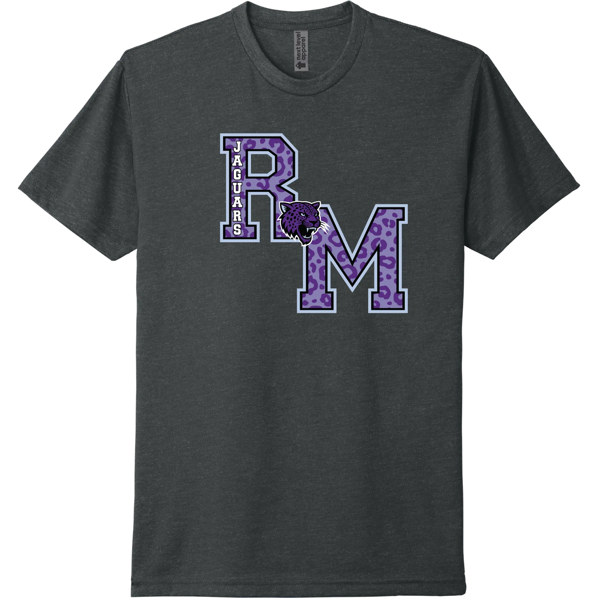 A charcoal gray t-shirt featuring a purple and white graphic of the letters 'R' and 'M' with a jaguar head logo connecting the two letters.  On the left side of the R the Jaguars name sits vertically on the R. This is a classic letterman style design.