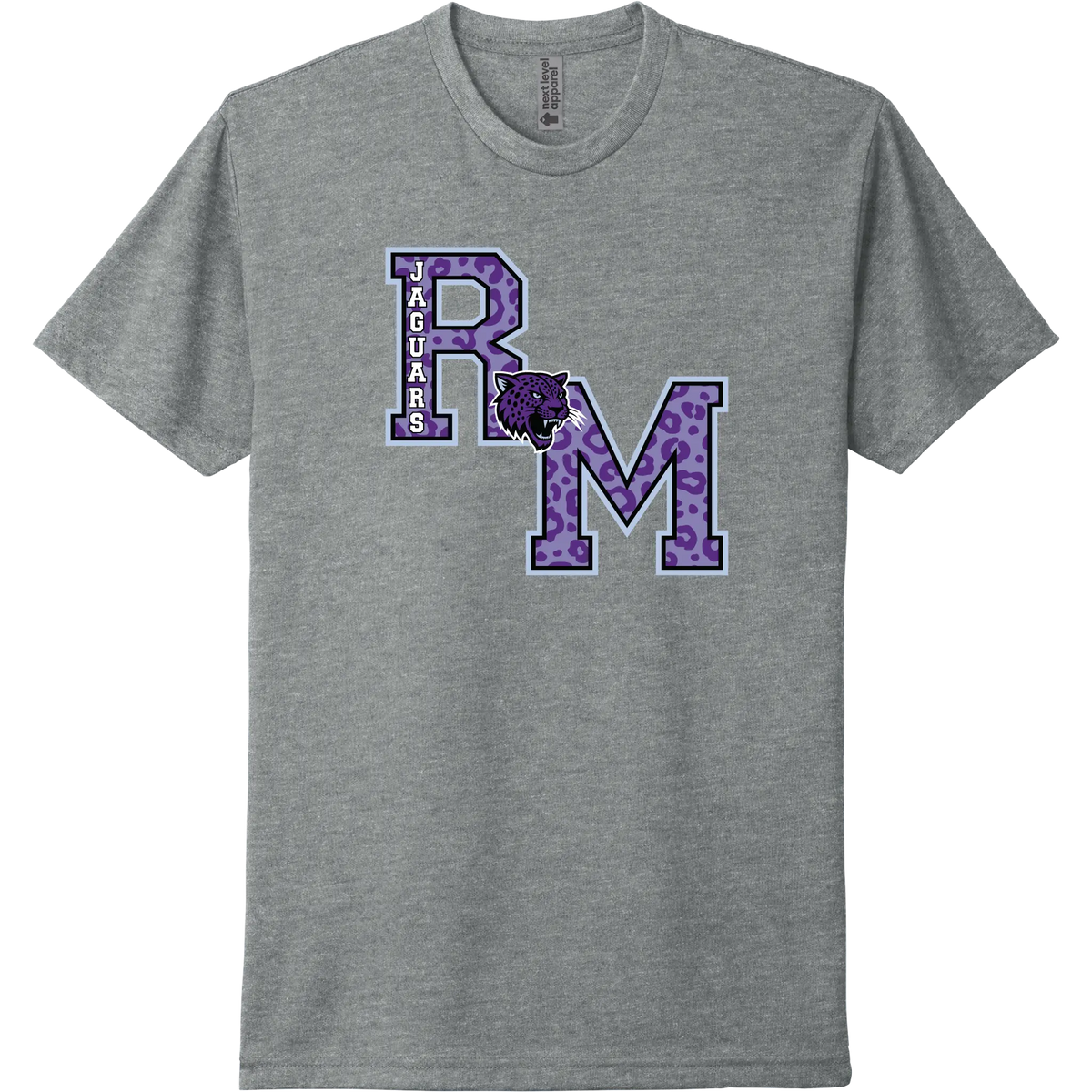 A dark heather gray t-shirt featuring a purple and white graphic of the letters 'R' and 'M' with a jaguar head logo connecting the two letters.  On the left side of the R the Jaguars name sits vertically on the R. This is a classic letterman style design.