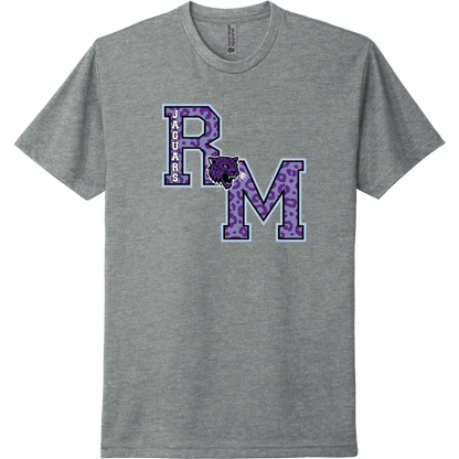 A dark heather gray t-shirt featuring a purple and white graphic of the letters 'R' and 'M' with a jaguar head logo connecting the two letters.  On the left side of the R the Jaguars name sits vertically on the R. This is a classic letterman style design.