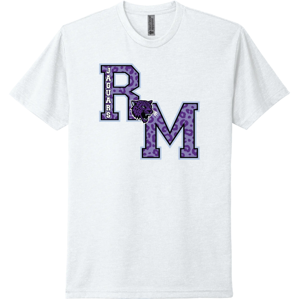 A white t-shirt featuring a purple and white graphic of the letters 'R' and 'M' with a jaguar head logo connecting the two letters.  On the left side of the R the Jaguars name sits vertically on the R. This is a classic letterman style design.