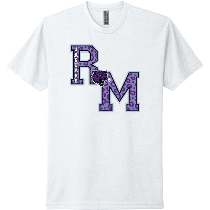 A white t-shirt featuring a purple and white graphic of the letters 'R' and 'M' with a jaguar head logo connecting the two letters.  On the left side of the R the Jaguars name sits vertically on the R. This is a classic letterman style design.