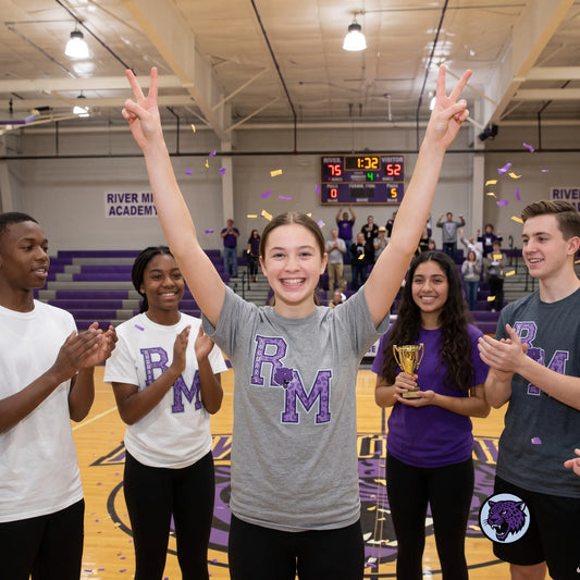 A group of five high school students celebrating on a basketball court, with the central girl in a gray 'dark heather grey Letterman style t-shirt making peace signs with both hands. The gym has purple and gold accents, and confetti is falling.