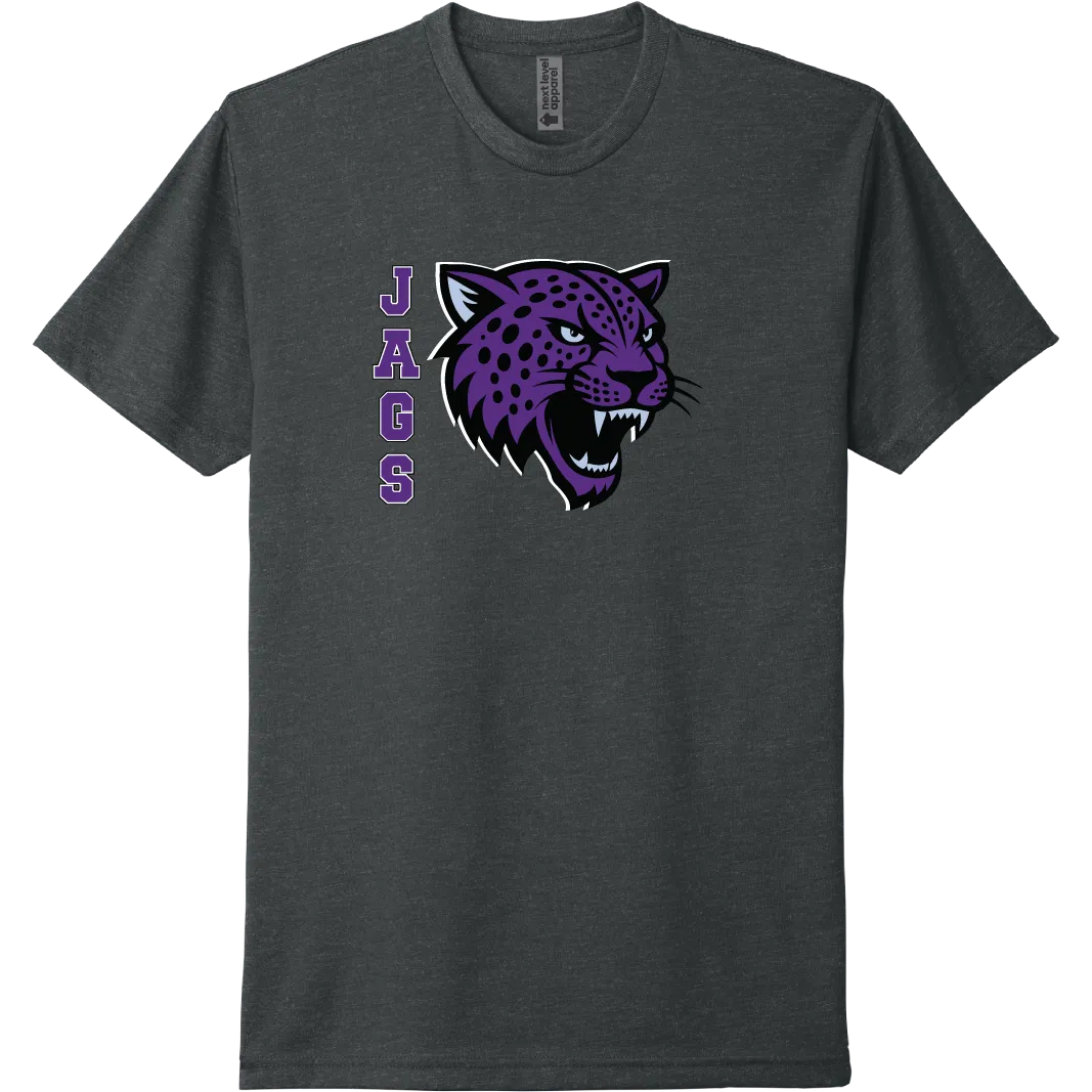 A charcoal short-sleeve tee with a purple River Mill Academy Jaguar mascot graphic.