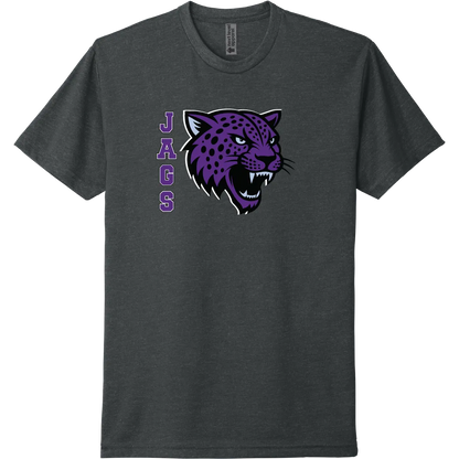 A charcoal short-sleeve tee with a purple River Mill Academy Jaguar mascot graphic.