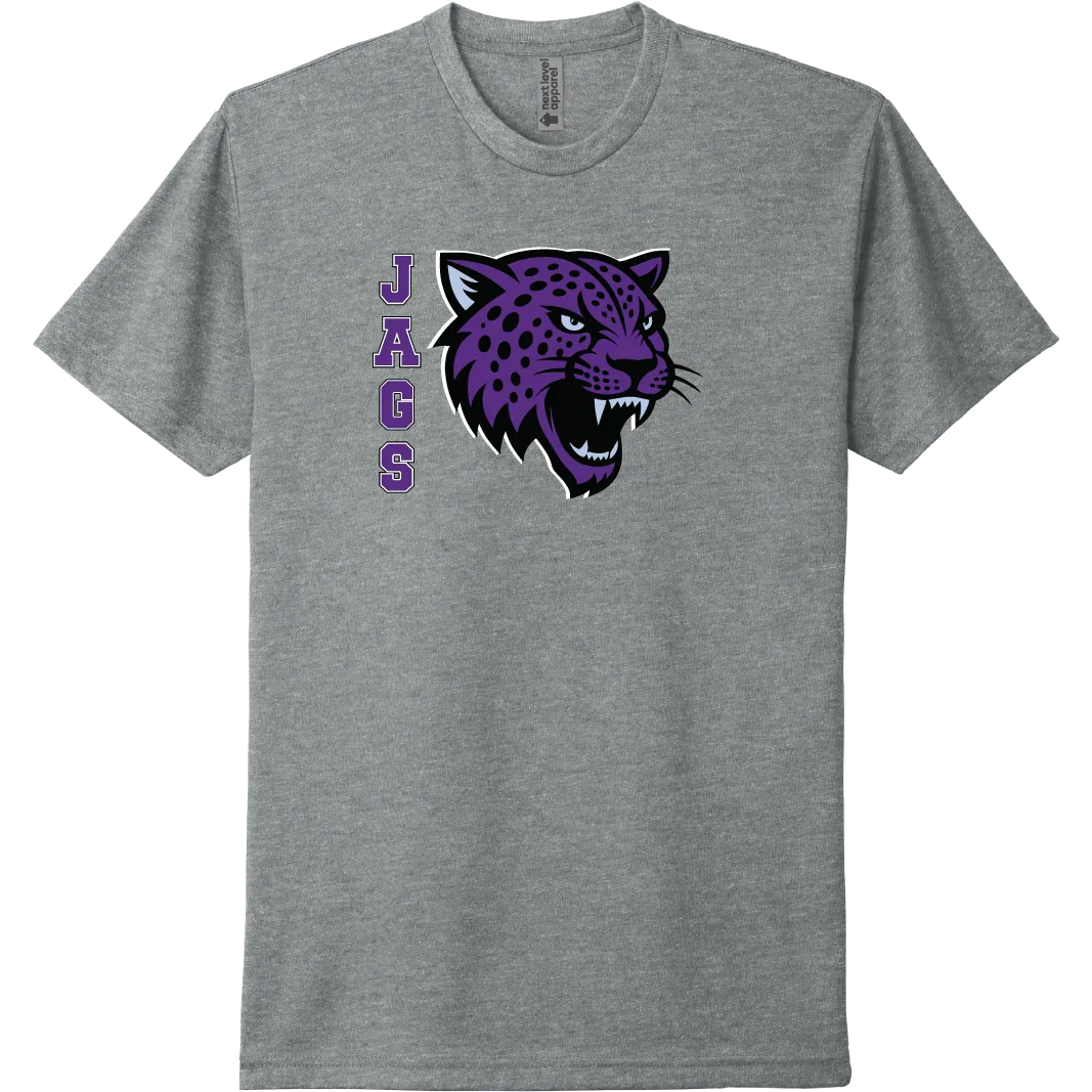 A dark heather grey short-sleeve tee with a purple River Mill Academy Jaguar mascot graphic.